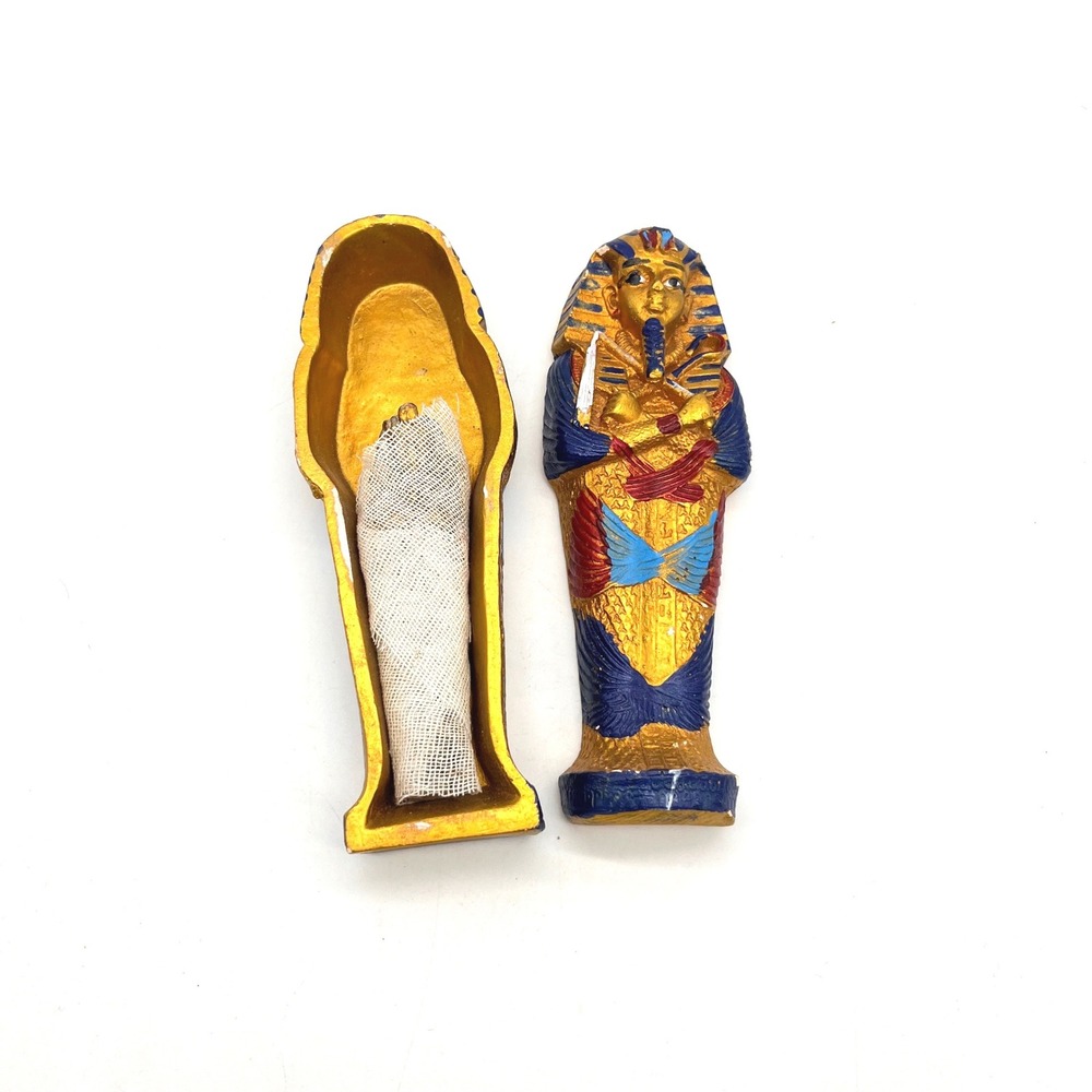 Egyptian King Tut Sarcophagus with Removable Wrapped Mummy Figurine Gold